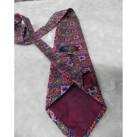 Men's Repp LTD Red Blue Floral Geometric Silk Necktie VTG - Picture 2 of 5